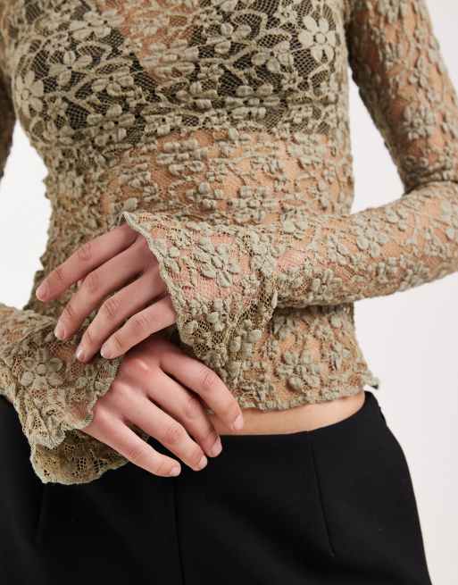 Motel Beerus long sleeve mock neck lace top in sage green, 3 of 4
