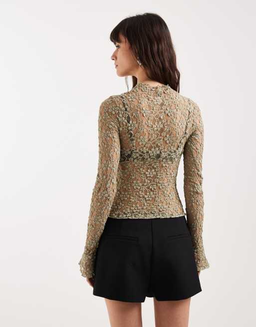 Motel Beerus long sleeve mock neck lace top in sage green, 4 of 4