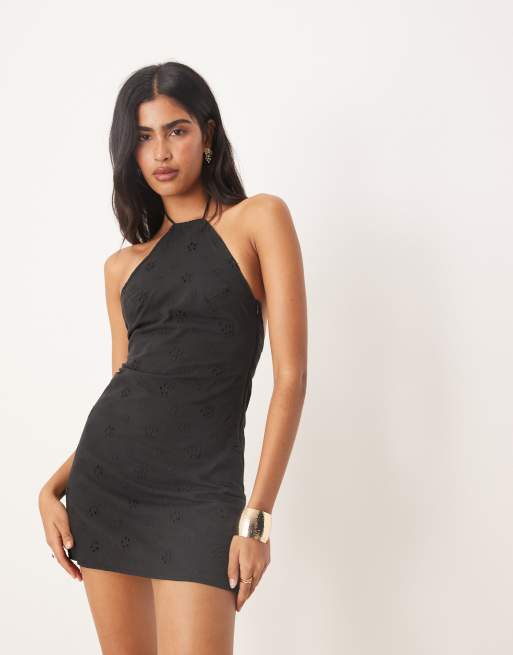 Motel Belinda Eyelet Halter Minidress in Flower Embroderie Black at Nordstrom, Size Large