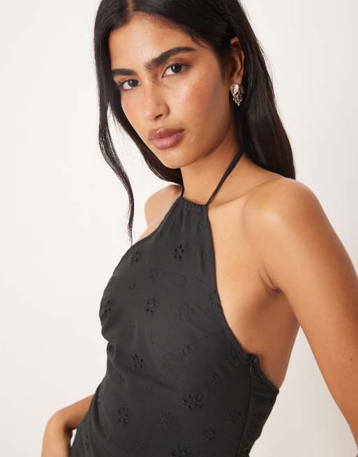 sachin and babi light blue dress Plunge Halterneck Frill Detail Mini Bodycon Dress In Black Lace | EGO US