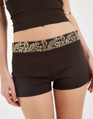 Belvani - Bestickte Mini-Shorts in Braun mit Paillettenbesatz, Kombiteil-Grün Grün 2XS