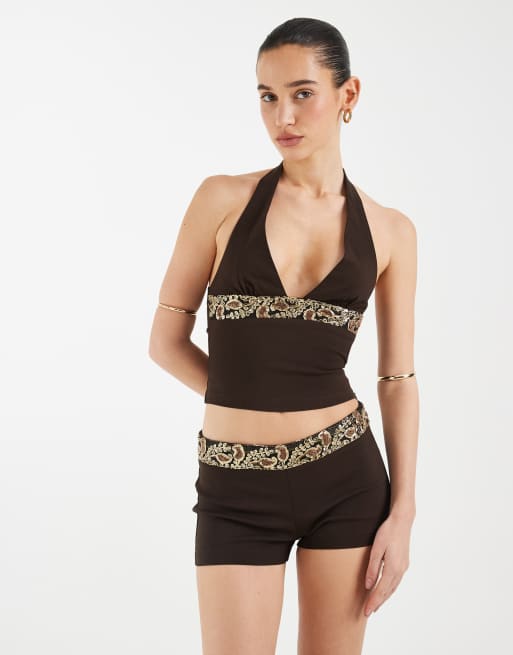 Motel - Belvani - Mini-short d'ensemble à sequins brodés - Marron, 4 de 5