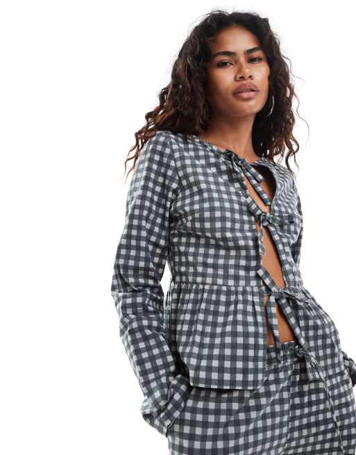 Motel Bertaria bow front long sleeve blouse in black grey (part of a set)