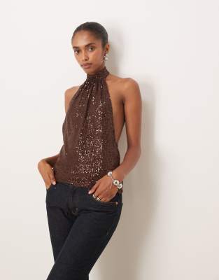 Motel Beyi Drape Halterneck Top In Brown