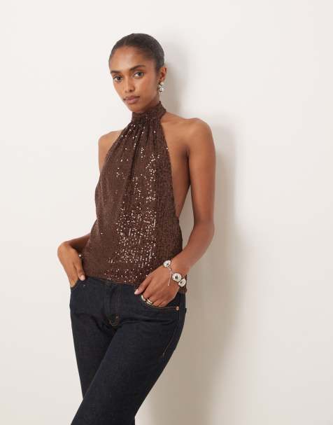 Motel beyi drape halterneck top in brown sequin  