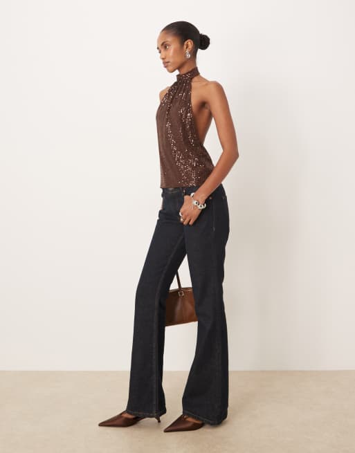 Motel Beyi drape halterneck top in brown sequin