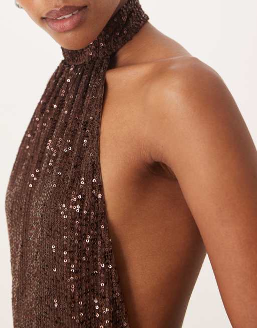 Motel Beyi drape halterneck top in brown sequin