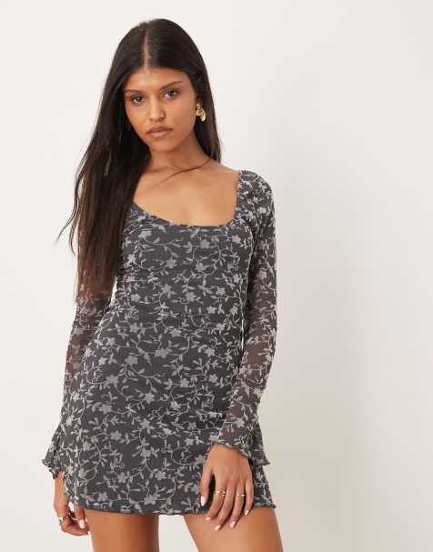 Motel bindara long sleeve mesh overlay mini dress with low back in floral dark gray - view 1
