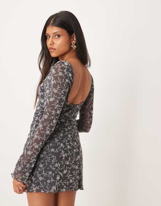 Motel bindara long sleeve mesh overlay mini dress with low back in floral dark grey, 4 of 4