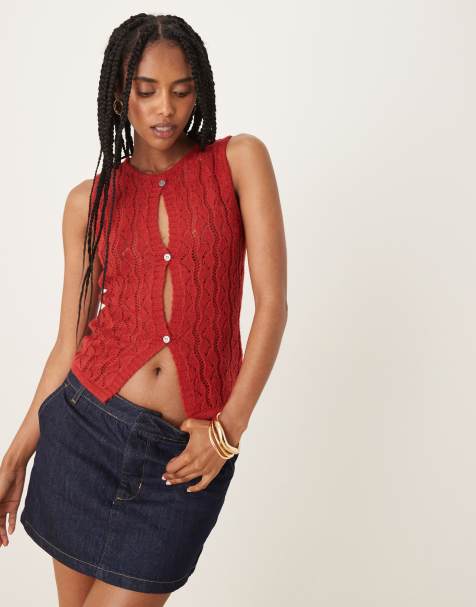 Motel birama button detail knit tank top in red