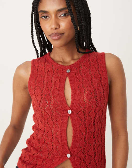 Motel Birama button detail knit tank top in red, 4 of 4