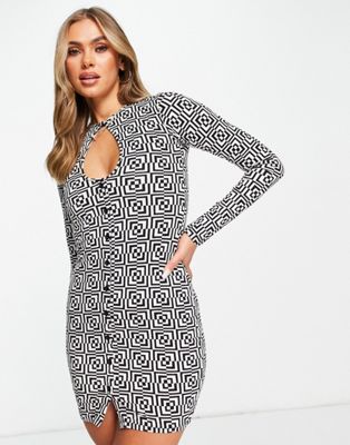 Motel bodycon button up mini dress with cut out in retro optic print