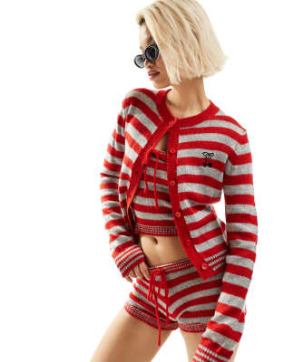 Motel bold stripe cherry cardigan in red and grey