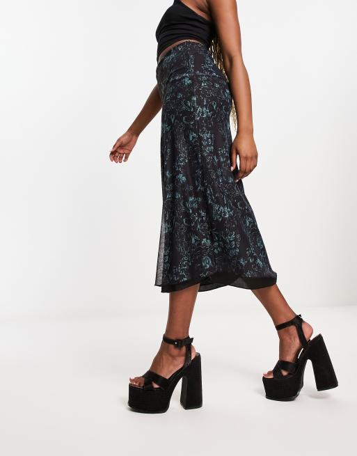Motel botanical print mesh midaxi tube skirt in teal