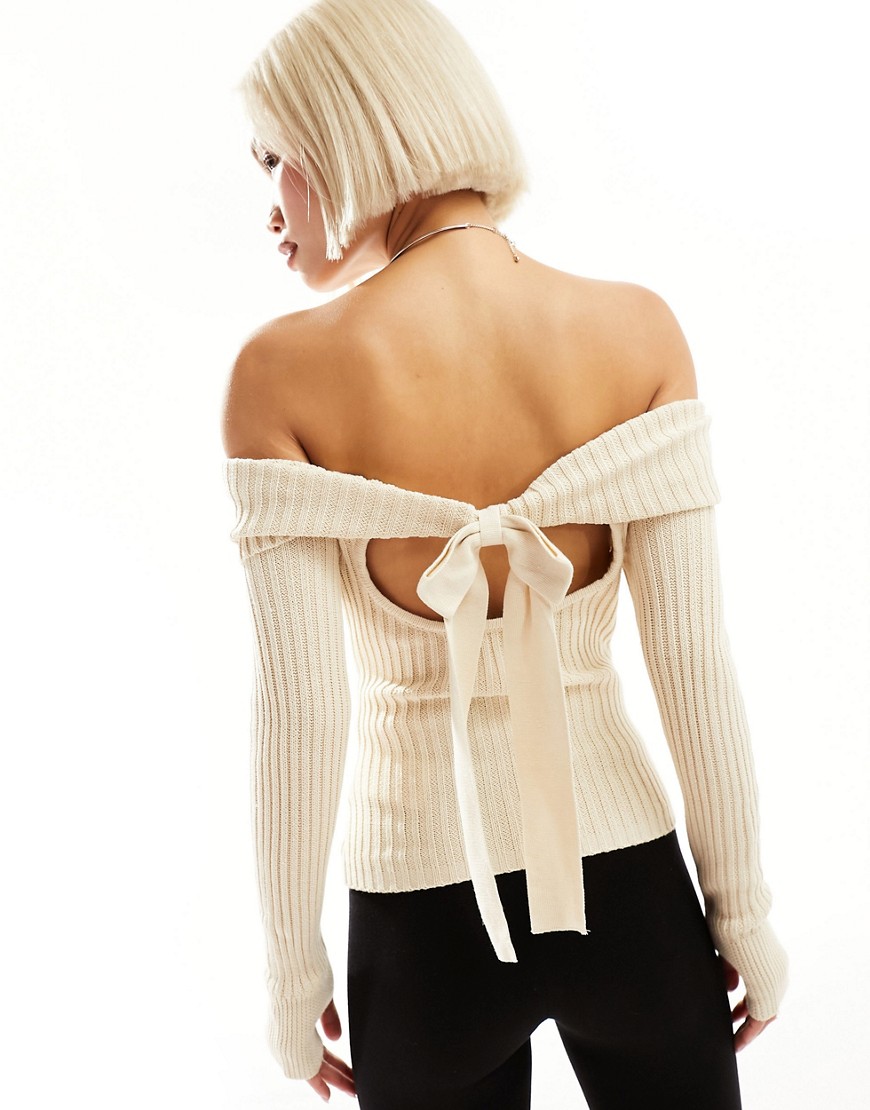 Motel Bow-back Off Shoulder Sweater In Cream-white