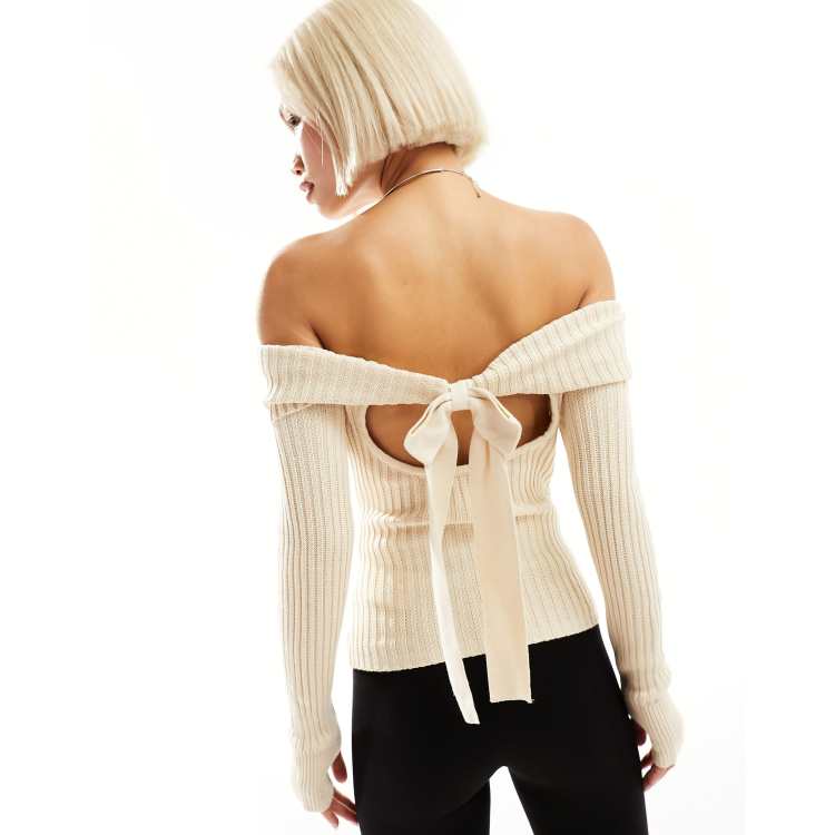 Motel bow-back off shoulder sweater in cream | ASOS