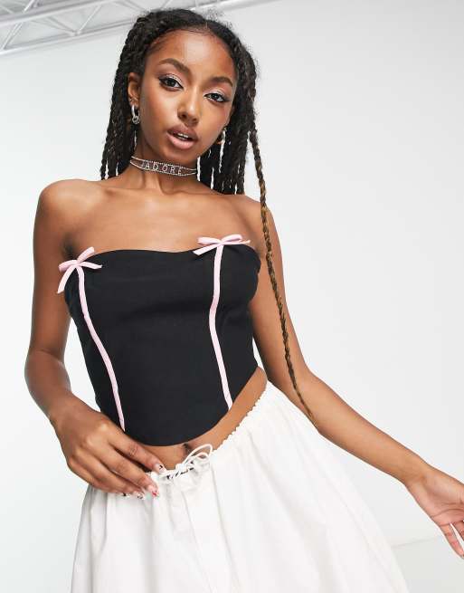 Motel bow detail bandeau crop top in black and pink (part of a set)