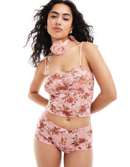 Motel bow detail lace cami in pink (part of a set)