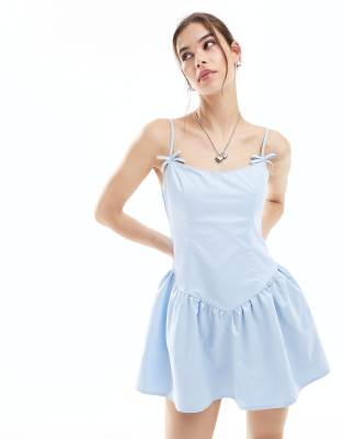 bow detail lace trim mini dress in powder blue