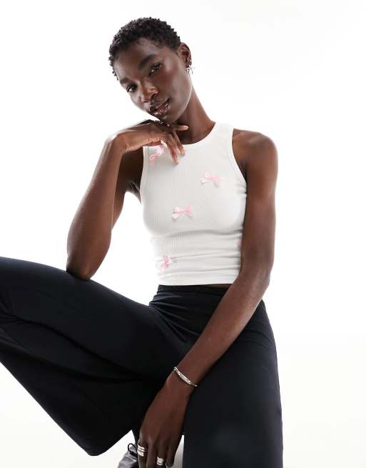 Motel bow detail ribbed singlet in off white and pink