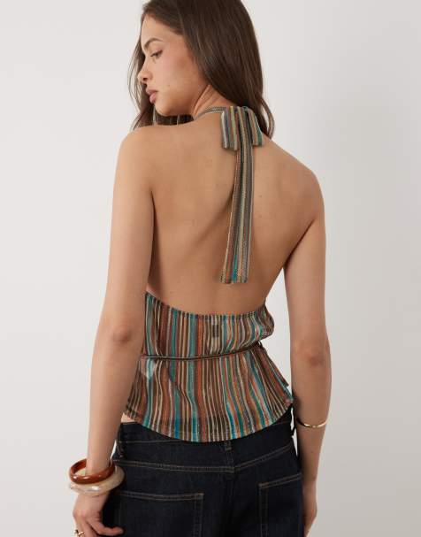 Motel Brienne blue brown stripe shimmer plisse halter top - view 1