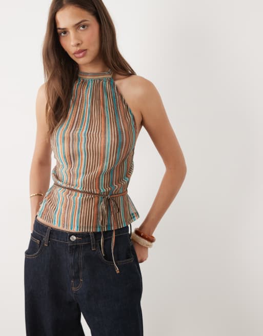 Motel Brienne blue brown stripe shimmer plisse halter top, 4 of 4