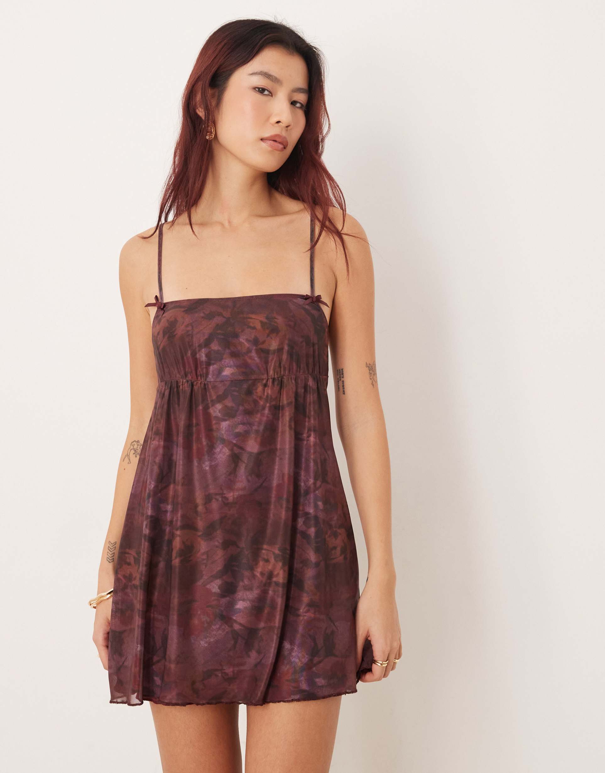motel bublik strappy mini dress in blurry floral burgundy
