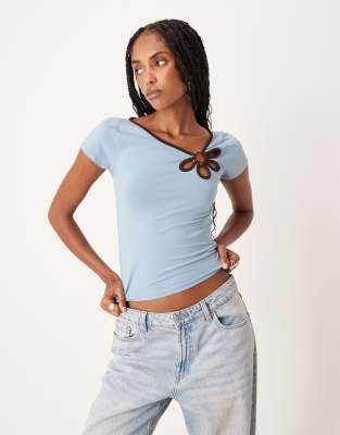 Motel Bunga Floral Cut-out Baby Tee In Blue