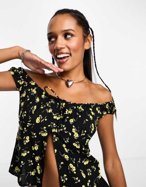 Motel buttercup print ruffle bandeau top in black