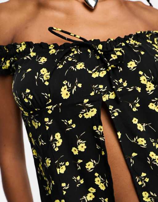 Motel buttercup print ruffle bandeau top in black