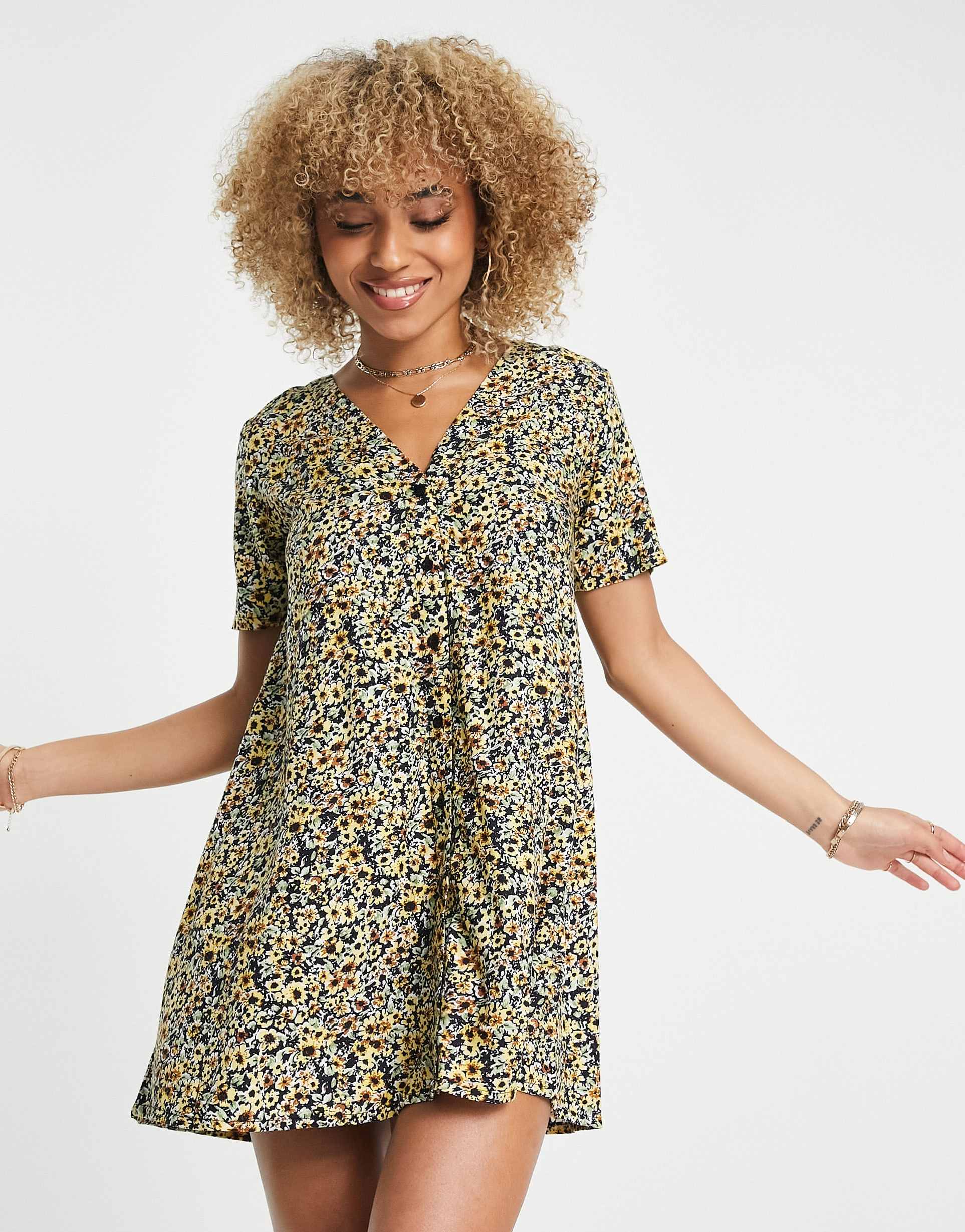 motel button up mini dress in grunge yellow floral
