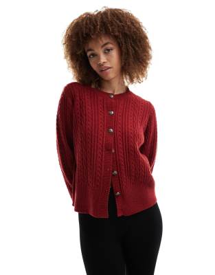 cable knit button through cardigan in deep red