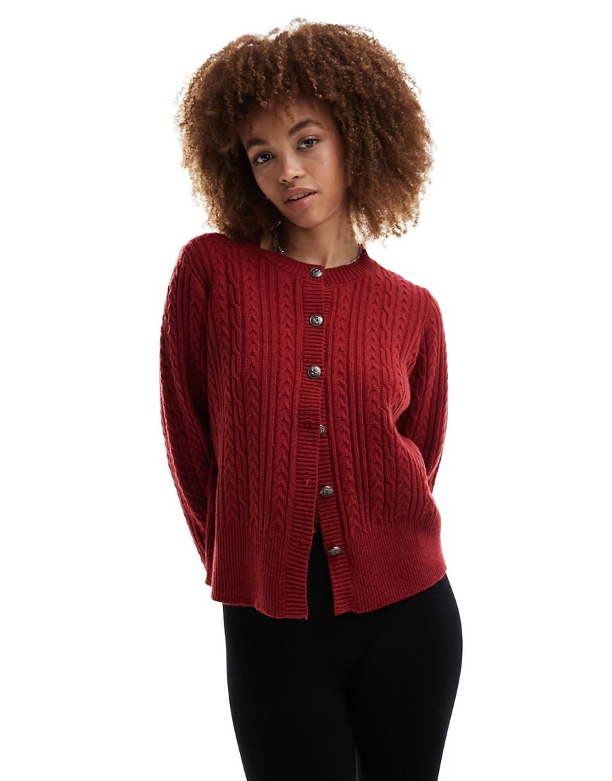 Motel cable knit button through cardigan in deep red