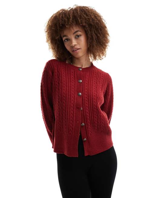 Motel cable knit button through cardigan in deep red ASOS