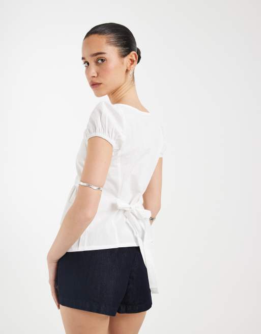 Motel Caixia blouse van poplin met strik op de rug in wit, 3 van 4