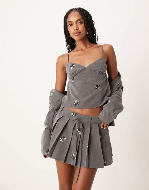 Motel Calina floral embroidered co-ord pleated mini skirt in grey - view 1