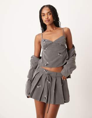 Motel Calina Floral Embroidered Pleated Mini Skirt In Gray