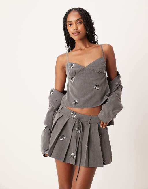 Motel Calina floral embroidered pleated mini skirt in grey (part of a set)