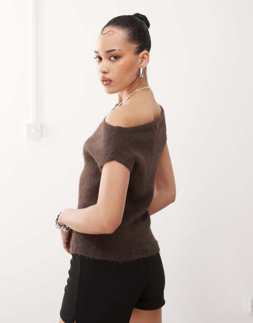 Motel calyce asymmetric fluffy knit sweater in chocolate brown