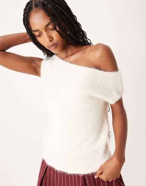 Motel Calyce off shoulder fuzzy knit short knit top in cream - view 1
