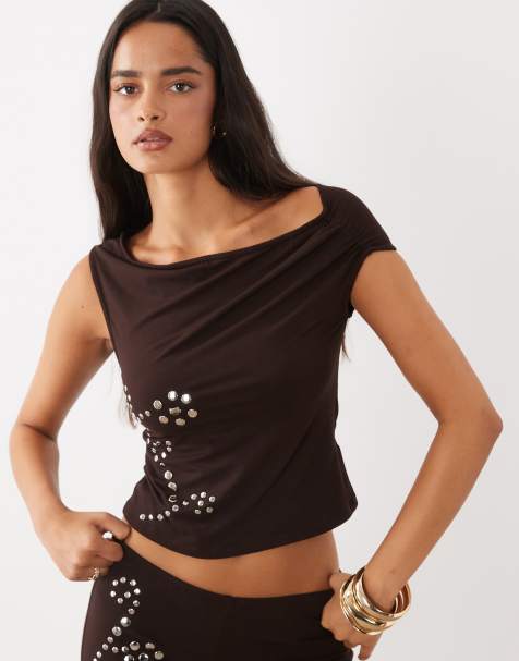 Motel Calypso off the shoulder flower stud detail top in bitter chocolate co-ord - view 1