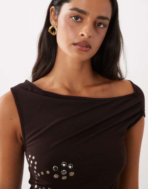 Motel Calypso off the shoulder flower stud detail top in bitter chocolate co-ord, 3 of 4