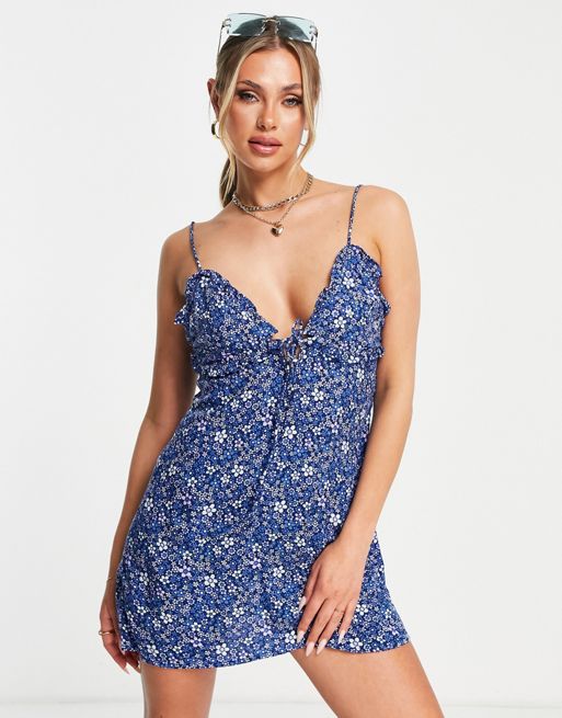 Motel cami mini dress with frill detail tie bust in blue ditsy floral ...