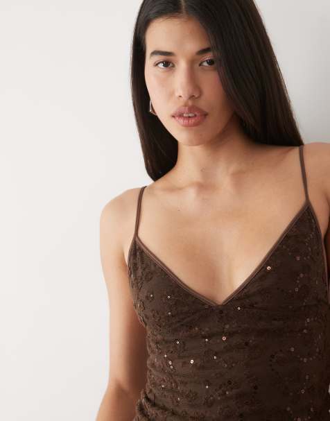 Motel camilla sequin singlet top co-ord in brown - view 1