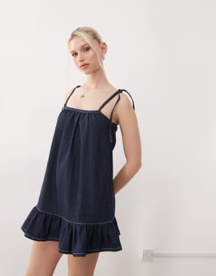 Motel Carlisle Mini Denim Smock Dress In Navy