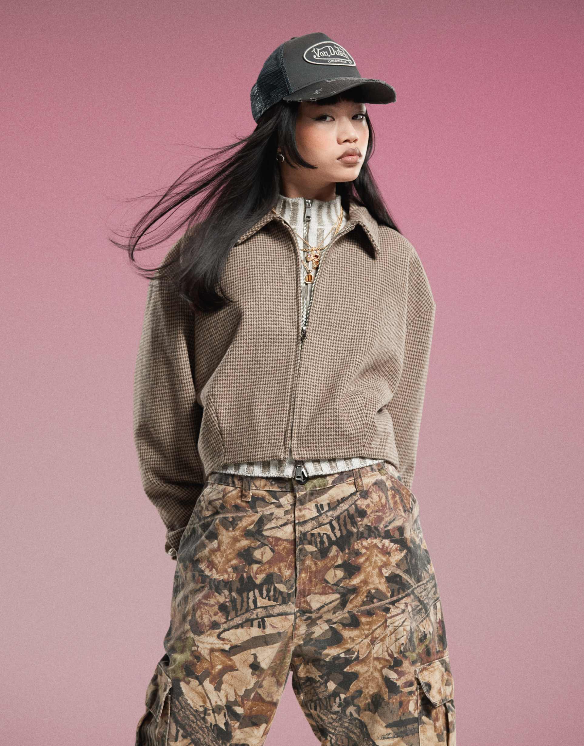 motel carlo cropped checked bomber jacket in brown