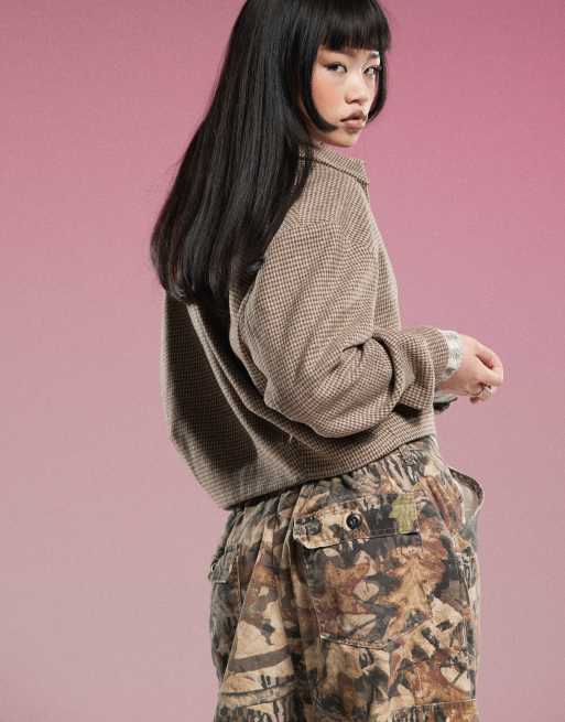 Motel Carlo cropped checked bomber jacket in brown