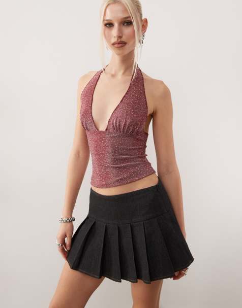 Motel casna denim pleated mini skirt in indigo