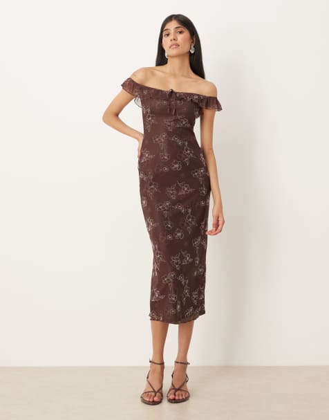 Motel Catrin off shoulder midaxi floral dress in brown - view 1