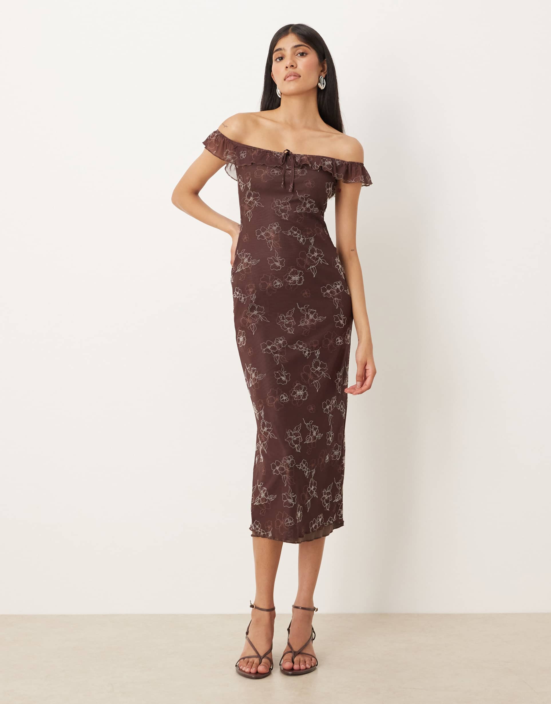 motel catrin off shoulder midaxi floral dress in brown